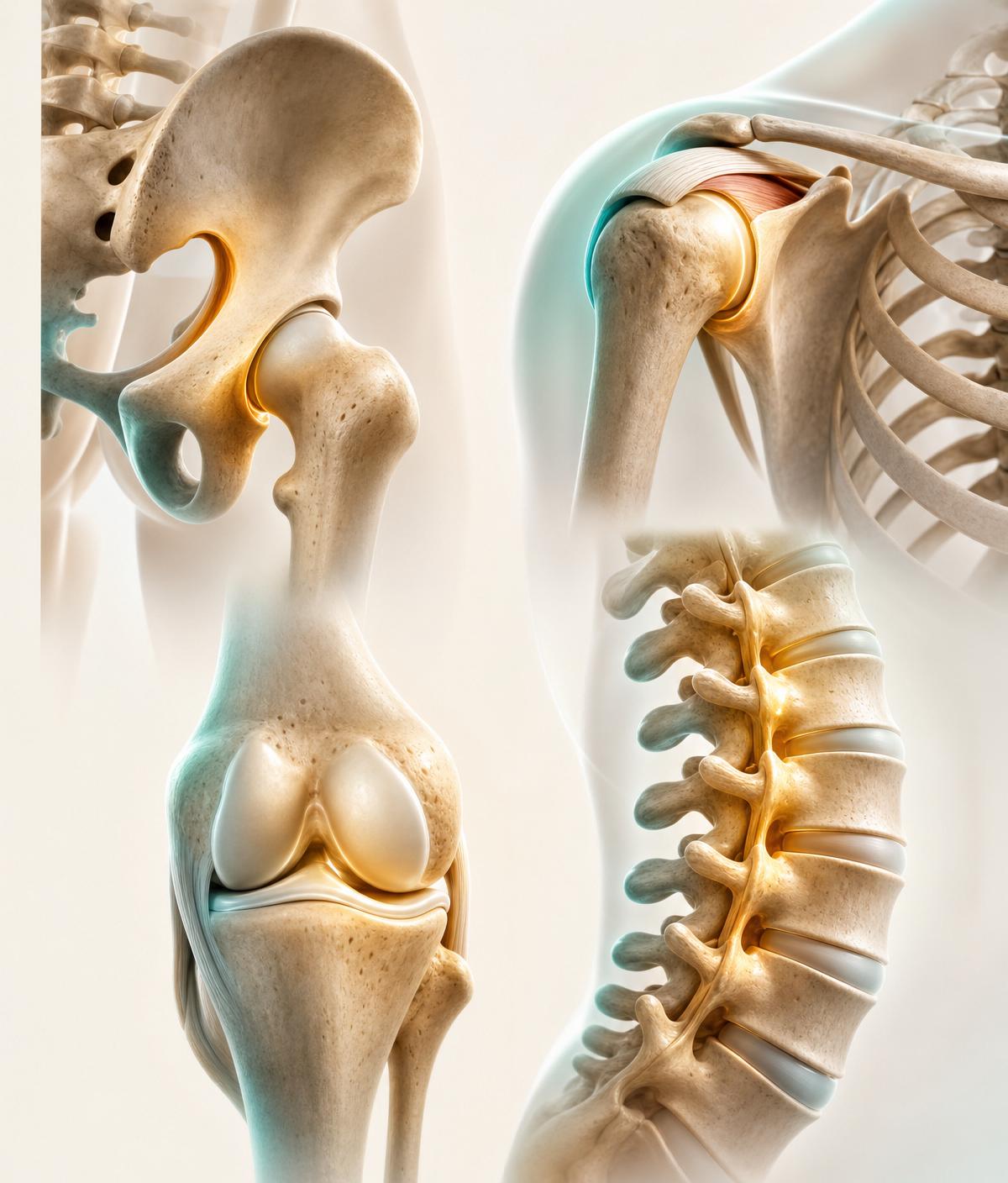 Detailed medical illustration of hip, knee, shoulder and spine joints